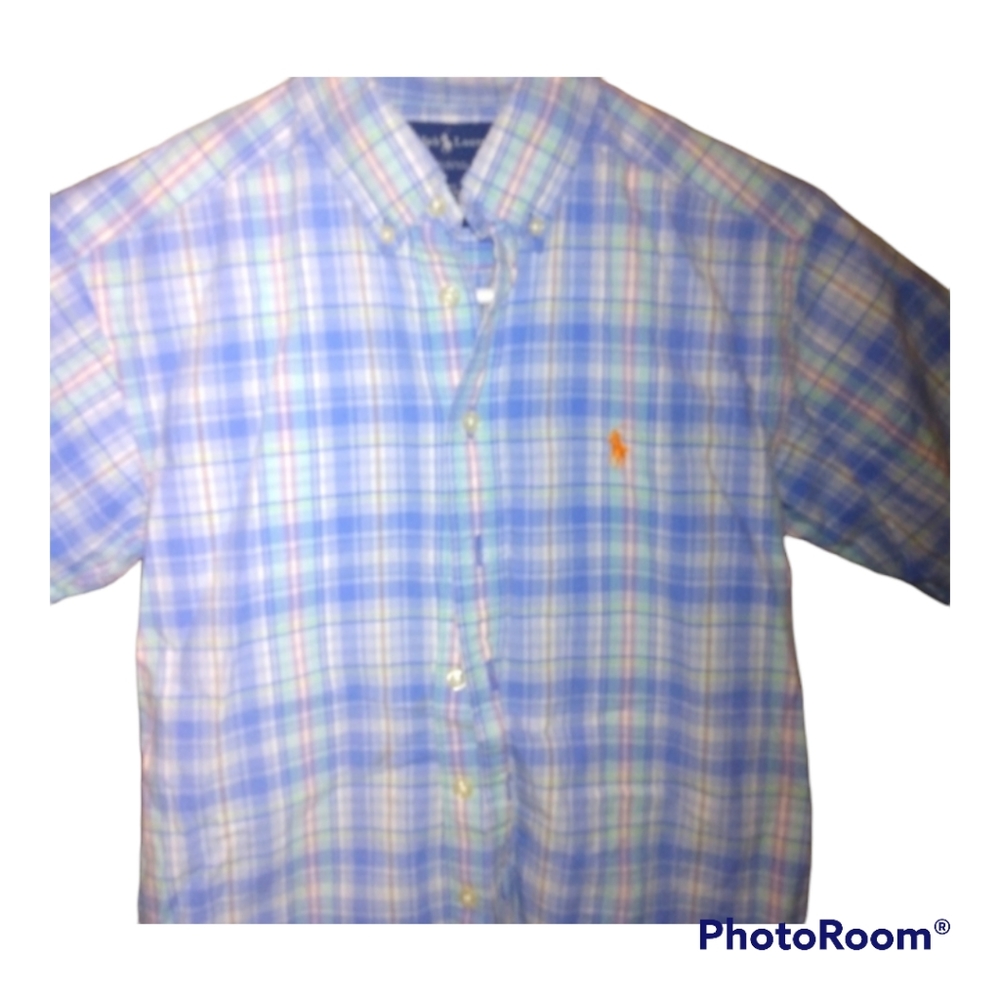 Ralph Lauren, size 8/10 , blue short sleeve, plaid, button down